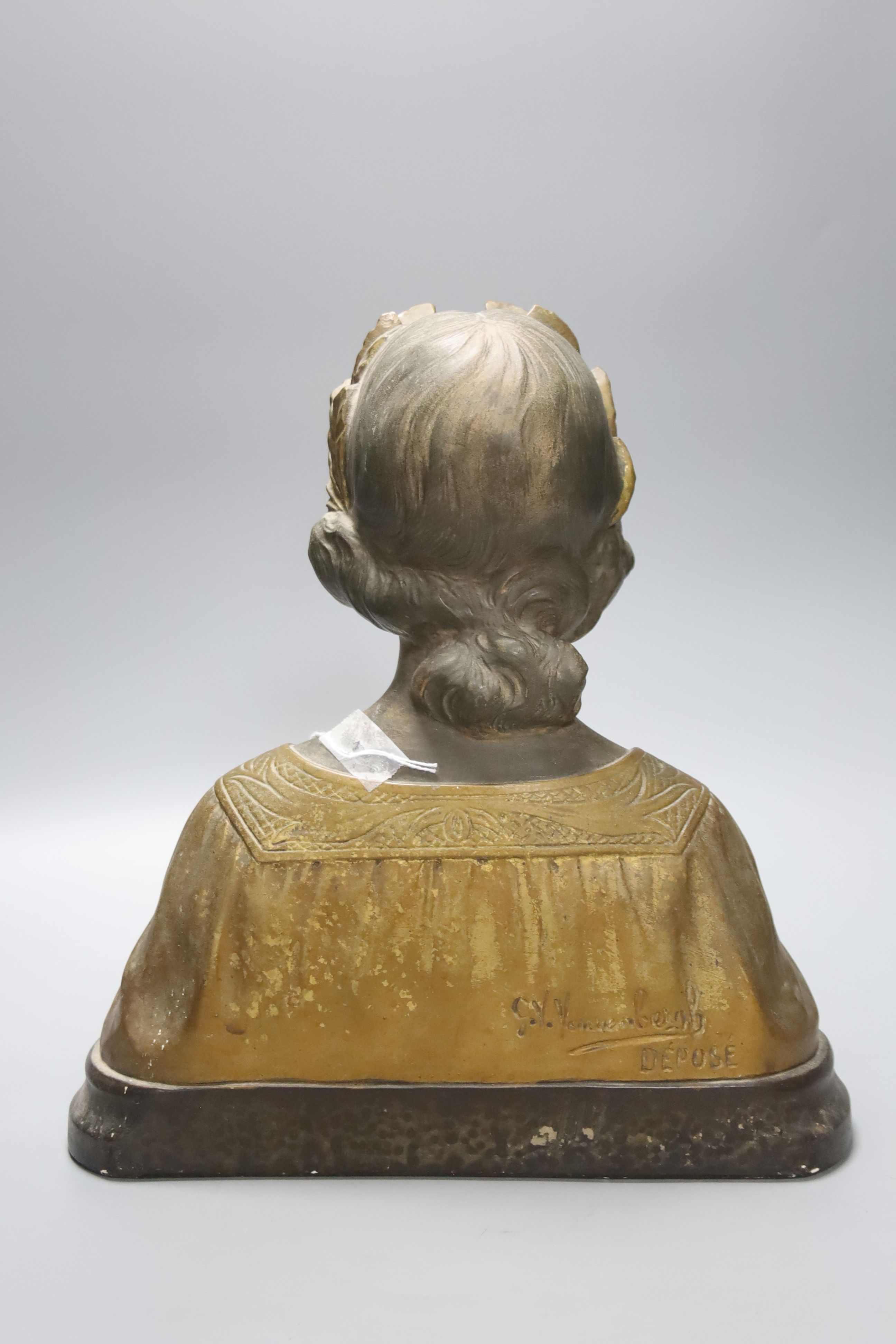 An Art Nouveau plaster bust 'Pax' of a girl wearing a wreath gilt decoration, signed to reverse G.V. Vaerenbergh?, height 32cm